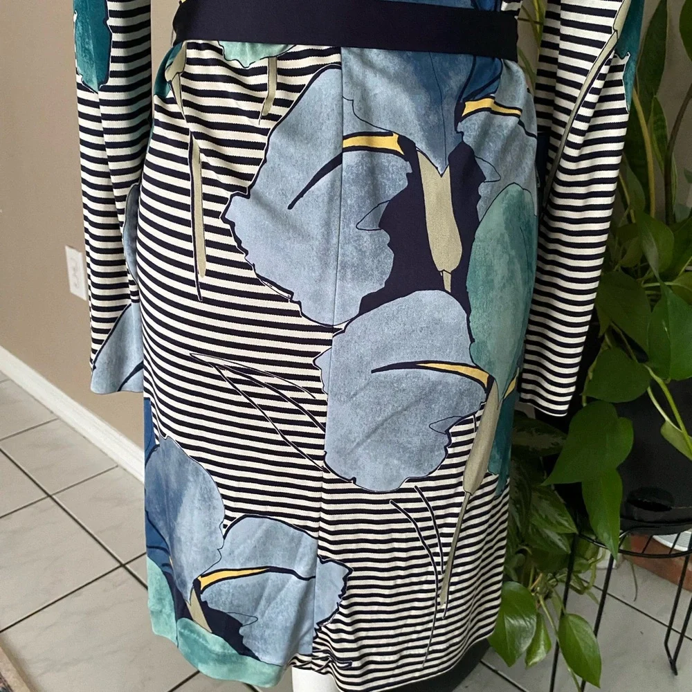 Tory Burch Silk LKNW Dress Long Sleeve Striped Floral Print Large Belted